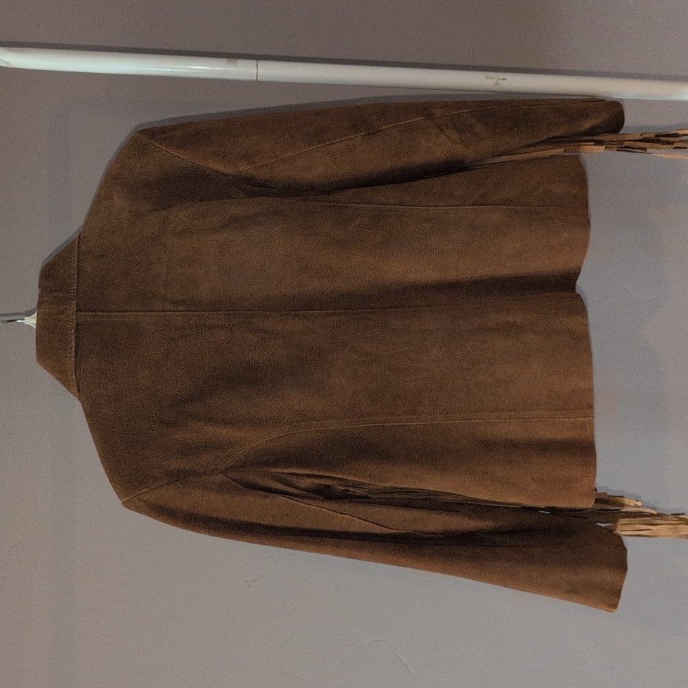 Brown 100% Leather Zip Up Jacket With Fringe Arms. Comint Brown Leather Coat - Picture 2 of 15